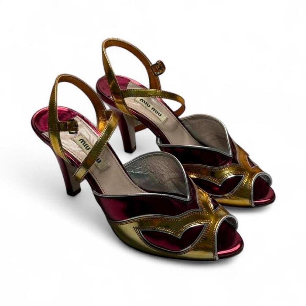 Miu Miu metallic gold and magenta sandals heart-shaped cutouts size 37 US 6.5